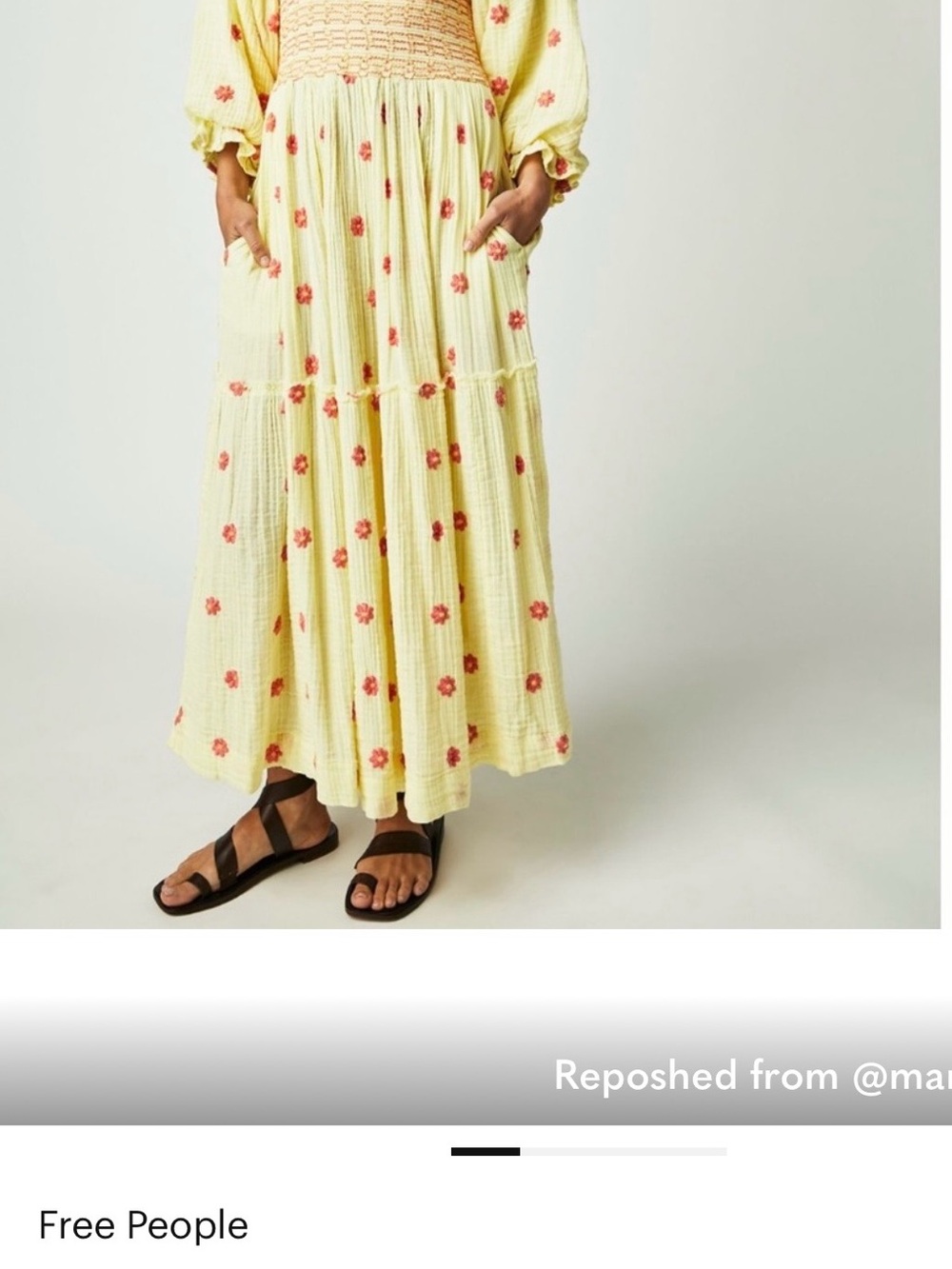 Yellow Smocked Maxi Dress with pinkish-red  Floral Embroidery - Picture 14 of 14